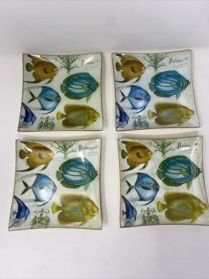 Juego de 4 platos de aperitivo Michel Design Works Glass Decoupage 5,5”X 5,5” Fish Des Foto 1 de 4