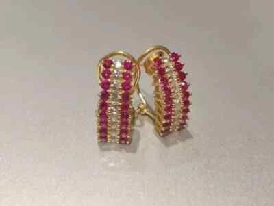Pink Ruby 2Ct Round Cut Lab Created Huggie Hoop Earrings 14K Yellow Gold Plated - Image 1 of 4