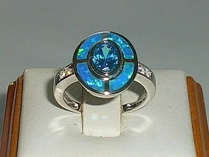 Ladies Art Deco Sterling 925 Solid Silver Opal Sapphire & Aquamarine Target Ring - Picture 1 of 7