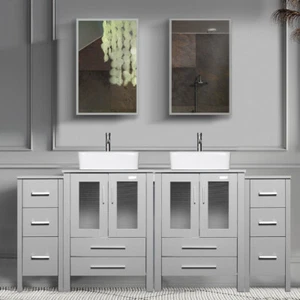 72" Bathroom Vanity Set Gray Ceramic Double Vessel Sink Faucet Combo No Mirror - Picture 1 of 12