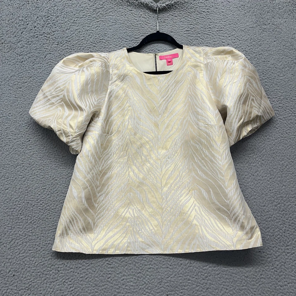 Топ женский Lilly Pulitzer размер XL золотистый металлик в полоску с анималистическим принтом с рукавами-затяжками - Изображение 1 из 4