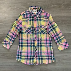 Roar Button Up Shirt Womens Medium Multicolor Embroidered Rhinestone 3/4 Sleeve - Picture 1 of 15