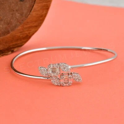 0.90 Ct Lab Grown CVD Diamond Baguette Cuff Bangle Bracelet Gift 18k White Gold - Image 1 of 4