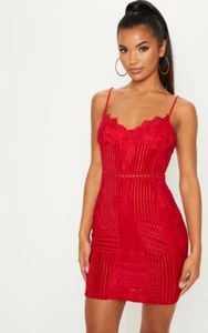 	 PLT RED STRAPPY LACE VELVET INSERT BODYCON DRESS UK 8 - Bild 1 von 1