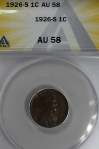 1926-S  .01  ANACS  AU 58  Lincoln Head Cent, Old Copper Collector Coin, - Picture 1 of 6