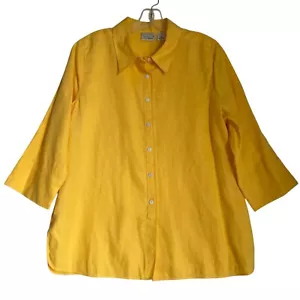 Linen Top Shirt Button Up Women M Yellow 3/4 Sleeve Artsy Breathable Travel - Picture 1 of 7