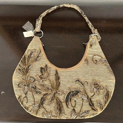 Tapiz Crochet Mujer Lentejuelas Floral Tostado Marrón Beige Bolso de Mano Cartera Nuevo Foto 1 de 4