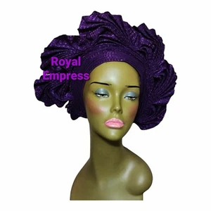 Aso-Oke African Headtie Auto Gele, Royal Purple  Empress headwear - Picture 1 of 2