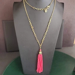 Lilly Pulitzer Beach Breeze Necklace Gold w Pink Beaded Tassel Long Vacation - Picture 1 of 7