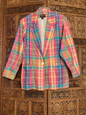 Chaqueta Blazer Arco Iris Vintage Años 80 Algodón Adolfo Diseñador Cuadros Madras M Foto 1 de 4