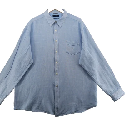 Camisa informal manga larga mezcla de lino a rayas azules talla XXL de Nautica para hombre Foto 1 de 4
