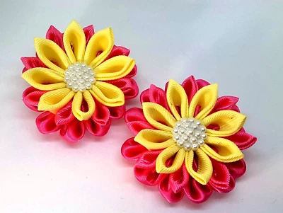 Fabric flower hair clip. Yellow and Pink flower girls' or woman hair pin. - Image 1 of 4
