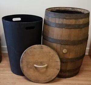  Whiskey Barrel Trash Can-Lift Off Lid-Liner-Rope Handle-FREE SHIPPING