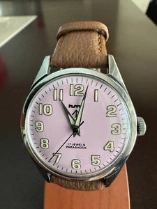 UNISEX HMT MILITARY PINK LUMINOUS DIAL WRIST WATCH, KEEPING TIME, 17 JEWEL - Picture 1 of 5