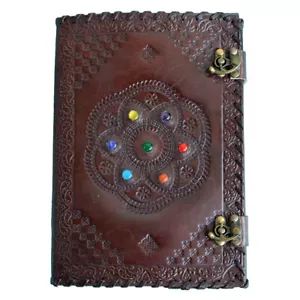  7 Stone Chakra Journal, Leather Cover Handmade Paper Notebook Diary, 9" x 5" - Picture 1 of 5