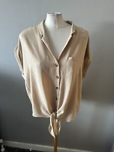 Ladies Dorothy Perkins Beige  Button Up Tie Front Short Sleeve Light Top Size 18