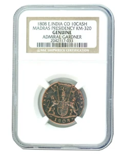 S-DS4 - British India 10 Cash 1808 NGC (MG) Medium Grade Coin - Admiral Gardner - Picture 1 of 4