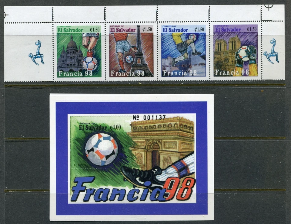 EL SALVADOR 1998, COPA DO MUNDO DE FUTEBOL - FRANÇA, Sc 1481-1482, TIRA DE 4 + S/S, SEM MARCA DE CHARNEIRA - Imagem 1 de 1