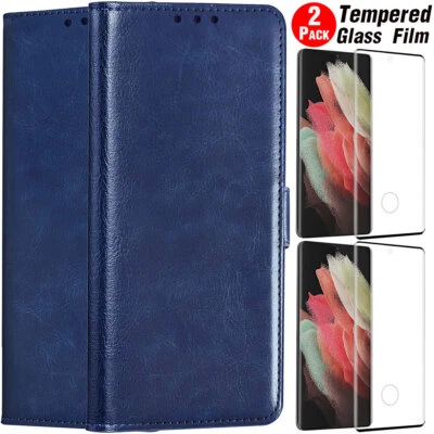 Blue For Samsung Galaxy S21 Ultra 5G PU Leather Case Wallet Cover Tempered Glass - Image 1 of 4