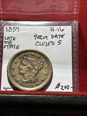 1854 Braided Hair Large Cent N-16 Recut Date Closed 5 Late Die State - Image 1 of 4