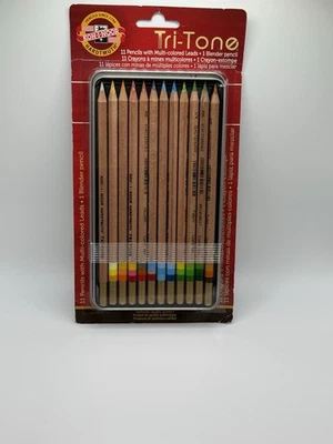 KOH-I-NOOR Tri-Tone 11 Pencils Multi-colored + 1 Blender Pencil  In Metal Case - Image 1 of 3