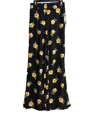 Pantalones BeBop Pierna Larga Aberturas Talla M Negro Amarillo Estampado Floral Rayón Nuevos con Etiquetas Foto 1 de 4