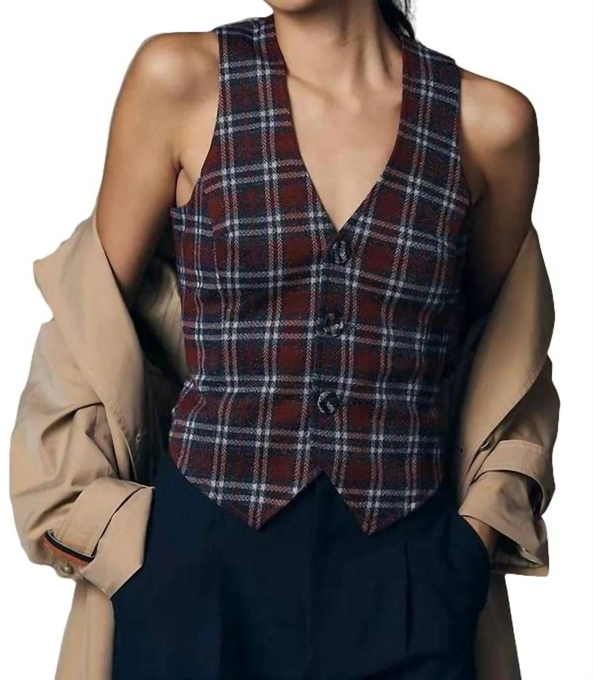 Eva Franco Plaid Button-Front Vest Navy - Image 1 of 1