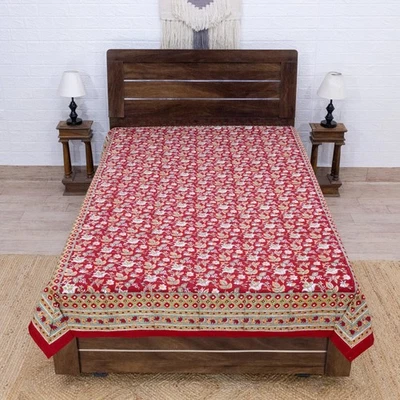 Indian Handmade Cotton Bedsheet Block Printed Floral King, Queen Flat Sheets - Image 1 of 4
