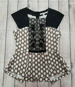 DOROTHEE SCHUMACHER SZ 2 SMALL BLACK TAN CREAM BEADED PEPLUM JEWELED TOP SHIRT - Picture 1 of 9