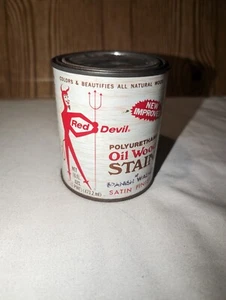 Vintage 1 Pint Red Devil Stain FULL Can Tin Polyurethane Varnish USA Man Cave  - Picture 1 of 8