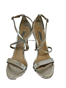 Steve Madden Feliz Silver High Heel Sandals 7.5M 4 1/4" Strappy Stiletto EUC - Picture 1 of 9