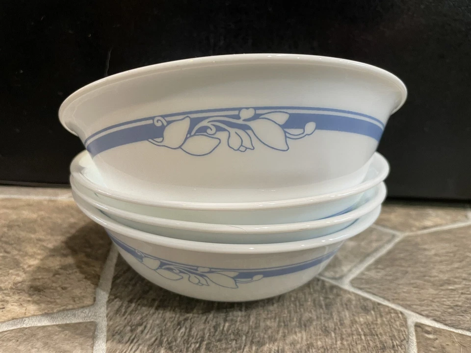 4 Corelle JASMINE Cereal Soup Bowls WHITE Blue Flowers SET 6 1/4" - Image 1 of 2