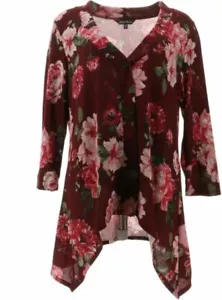 Slinky® Brand Sweater Knit Jacket Sharkbite Hem 678-000 , Wine Floral , Large - Picture 1 of 4