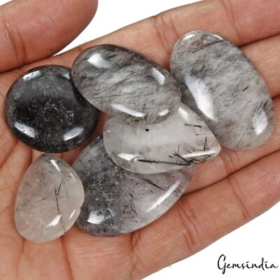 380 Cts/6 Pcs Natural Untreated Black Wire Rutile Quartz Mix Cab Loose Gems Lot - Image 1 of 4