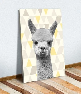 BABY ALPACA BLACK AND WHITE YELLOW MUSTARD GEO CANVAS WALL ART PICTURE PRINT - Picture 1 of 5