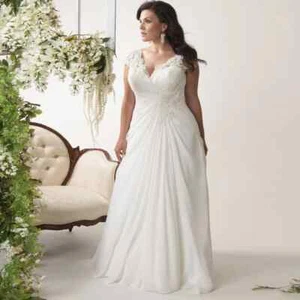 Plus Size Wedding Dresses Cap Sleeve V-neck Lace Applique Chiffon Beach Dress - Picture 1 of 10