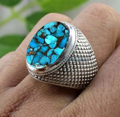 Solid 925 Sterling Pure Silver Natural Blue Copper Turquoise Gemstone Men's Ring - Image 1 of 4