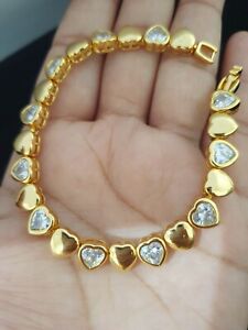 Women Gold Filled Clear Crystal Heart Charms Tennis Bracelet 19cm×7mm