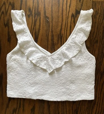 Y2K Style White Eyelet Ruffled Crop Top-Coquette, Cottagecore, Romantic, Boho, L - Image 1 of 4