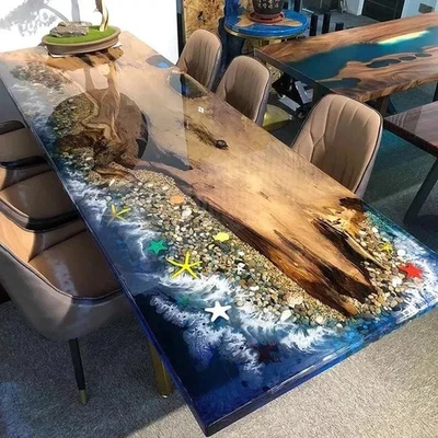 Blue Epoxy Ocean River Dining Table 60x30 | Handmade Acacia Wood Resin Furniture - Image 1 of 4