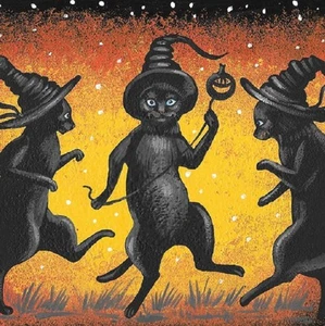 STAMPA 4x4 STAMPA DI DIPINTO RYTA HALLOWEEN GATTO NERO STREGA ARTE folk Salem zucca 🎃 - Foto 1 di 1