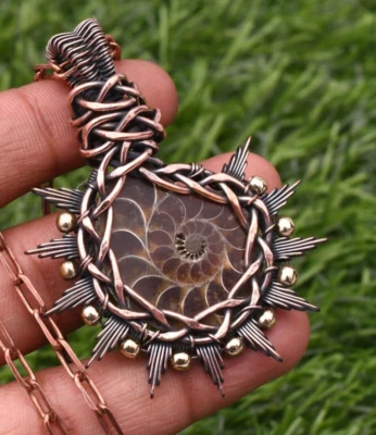 Ammonite Gemstone Copper Wire Wrapped Handmade Jewelry Pendant 1.97" - Image 1 of 4