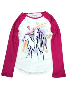 Jumping Beans Girls Long White & Pink Sparkle Rainbow Horse Tee Shirt T-Shirt 7 - Picture 1 of 1
