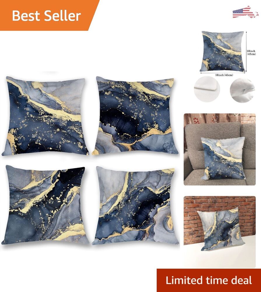 Grey Marble Texture Navy Blue and Gold Velvet Throw Pillow Covers - Set of 4
