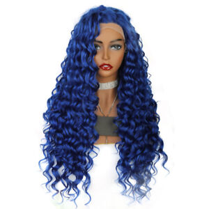 Soft Synthetic Hair Lace Front Wigs Long Kinky Curly Wave Blue Hair for Women