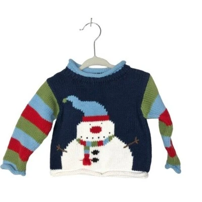 Suéter Mulberribush Azul Muñeco de Nieve Rayas Hecho a Mano Cuello Redondo 3-6M Foto 1 de 3