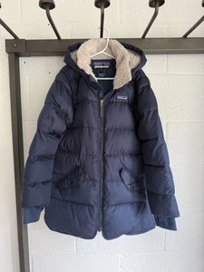 EUC Patagonia Girls SIZE S 7-8 Down Parka Jacket Hooded Long Sleeve Navy Blue - Picture 1 of 15