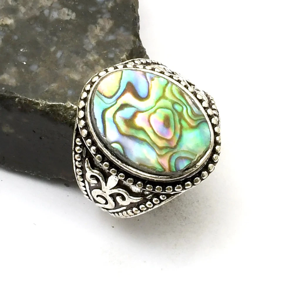 Этническое кольцо ручной работы с драгоценным камнем раковиной абалона подарок США размер 8,5 AR 39844 - Изображение 1 из 1