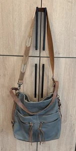 The Sak Ashland Bucket Crossbody Shoulder Bag Gray Leather Brown Trim Pockets - Picture 1 of 17