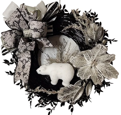 Seasonal Wreath Black and White Holiday w/ Polar Bear and Ribbon Handmade 17inch - Image 1 of 4